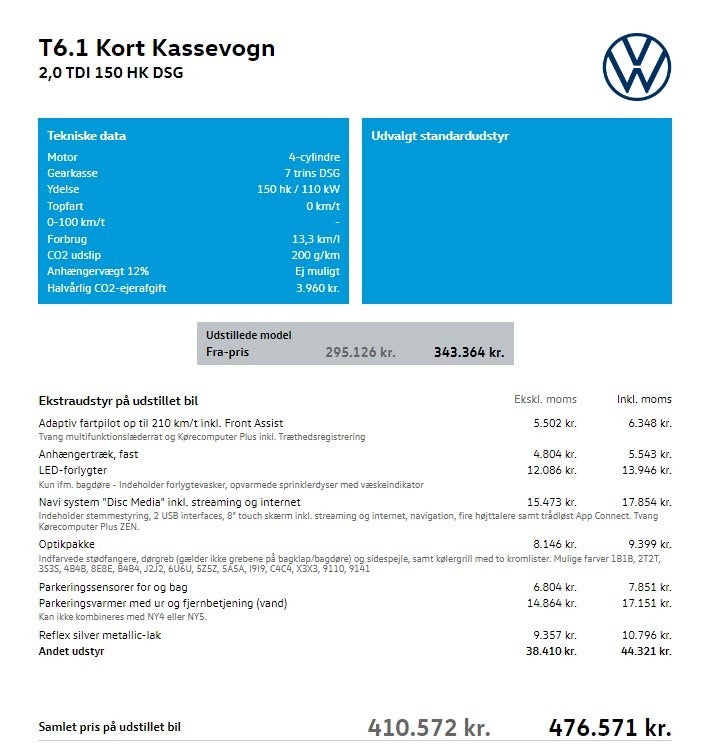 VW Transporter 2,0 TDi 150 Kassevogn DSG kort